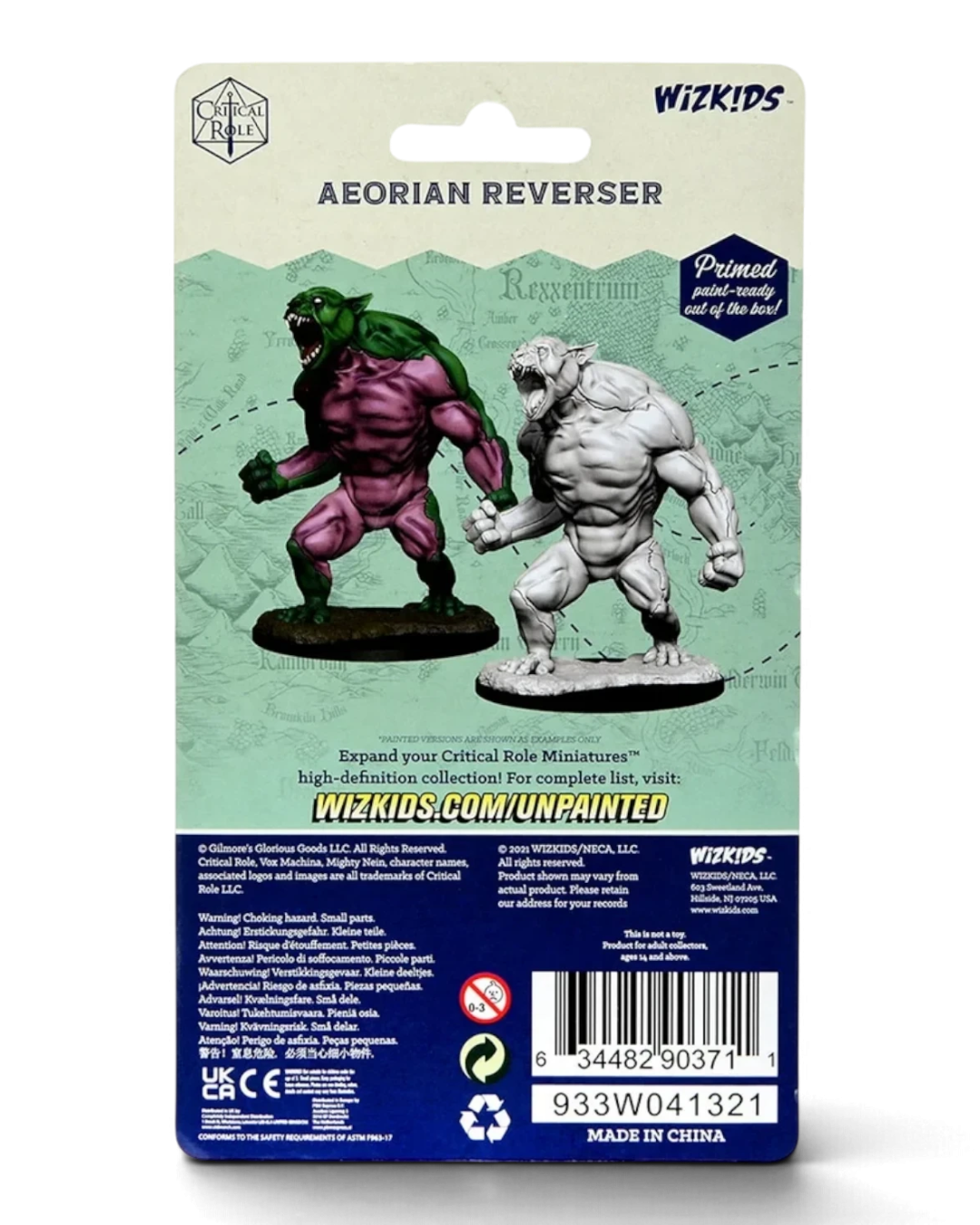 VaultifyUK Critical Role Aeorian Reverser unpainted miniature in blister packaging showing painted example figures
