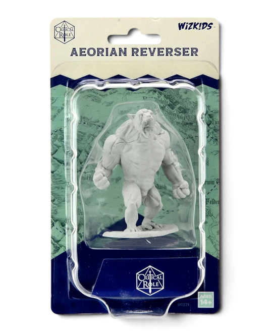 VaultifyUK Critical Role Aeorian Reverser unpainted miniature in blister packaging, ready for tabletop gaming.