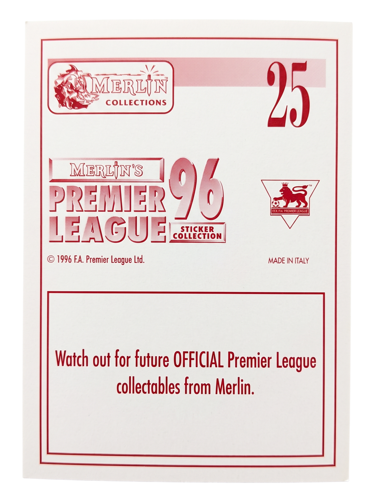 VaultifyUK 1996 Merlin Premier League Alan Shearer #25 Superstar sticker back view with red text and logo