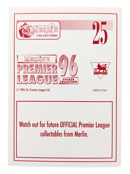 VaultifyUK 1996 Merlin Premier League Alan Shearer #25 Superstar sticker back view with red text and logo