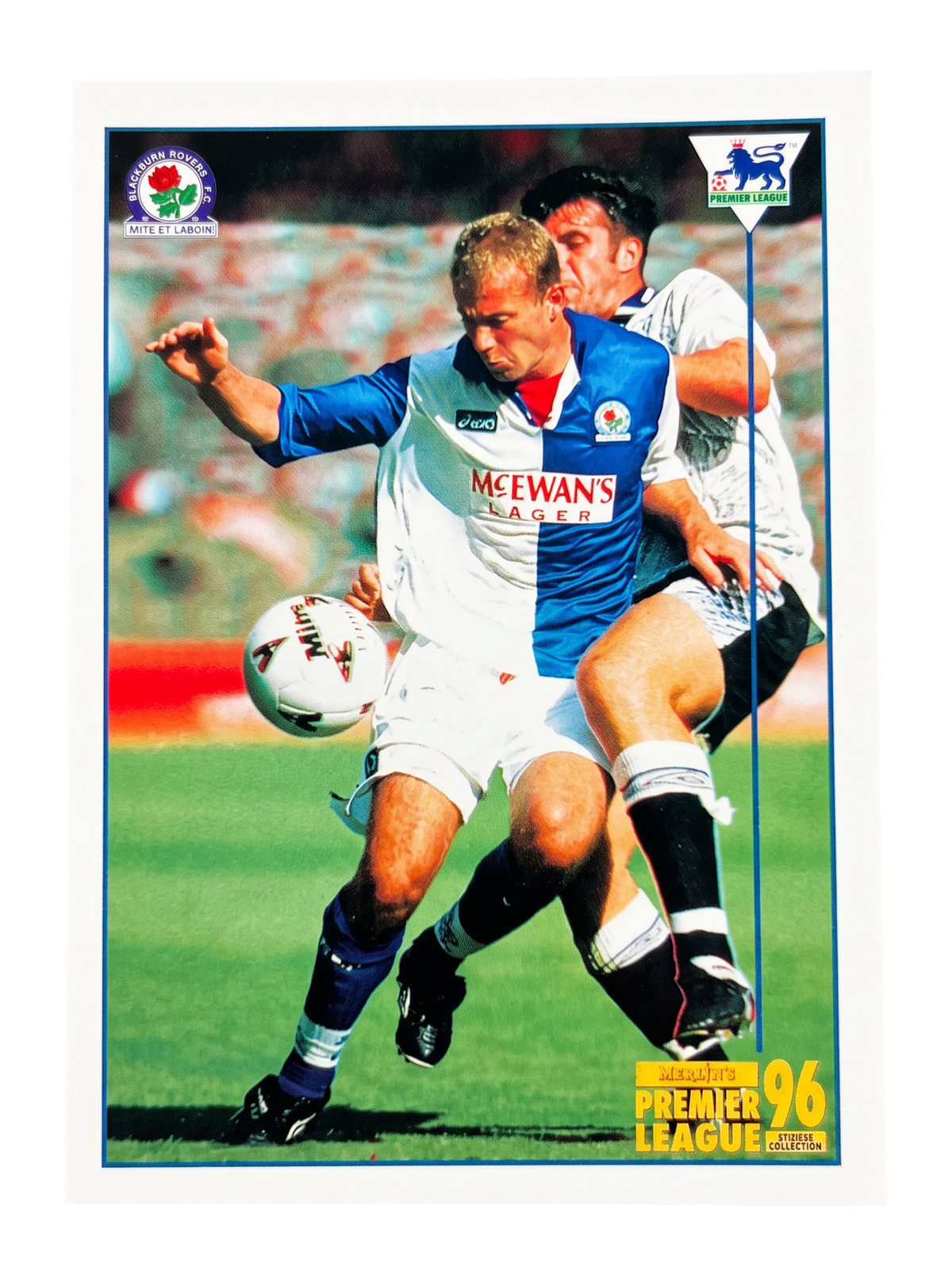 VaultifyUK 1996 Merlin Premier League Alan Shearer Superstar sticker featuring him in a Blackburn Rovers kit.