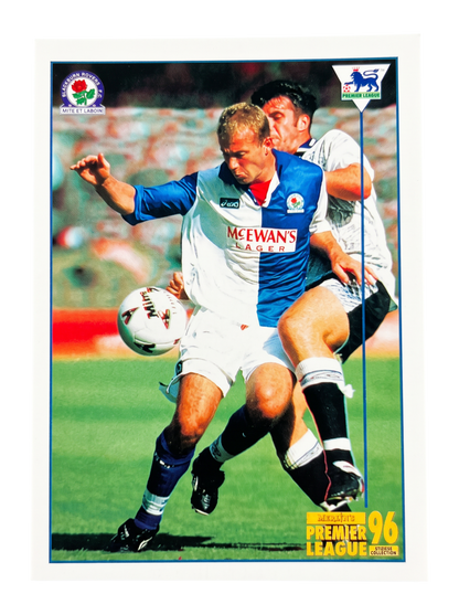 VaultifyUK 1996 Merlin Premier League Alan Shearer Superstar sticker featuring him in a Blackburn Rovers kit.