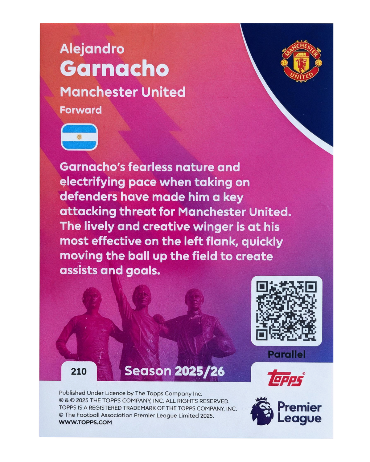 VaultifyUK Topps Premier League 2025/26 Alejandro Garnacho #210 parallel card back with player bio and team branding