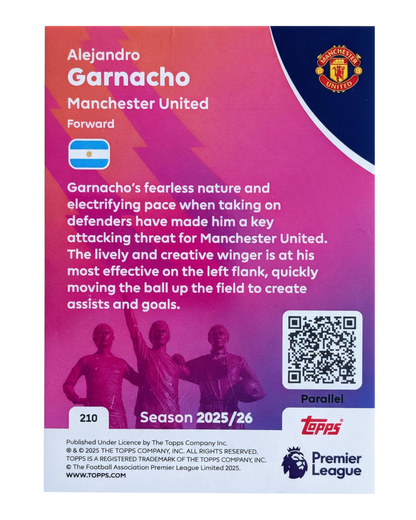 VaultifyUK Topps Premier League 2025/26 Alejandro Garnacho #210 parallel card back with player bio and team branding