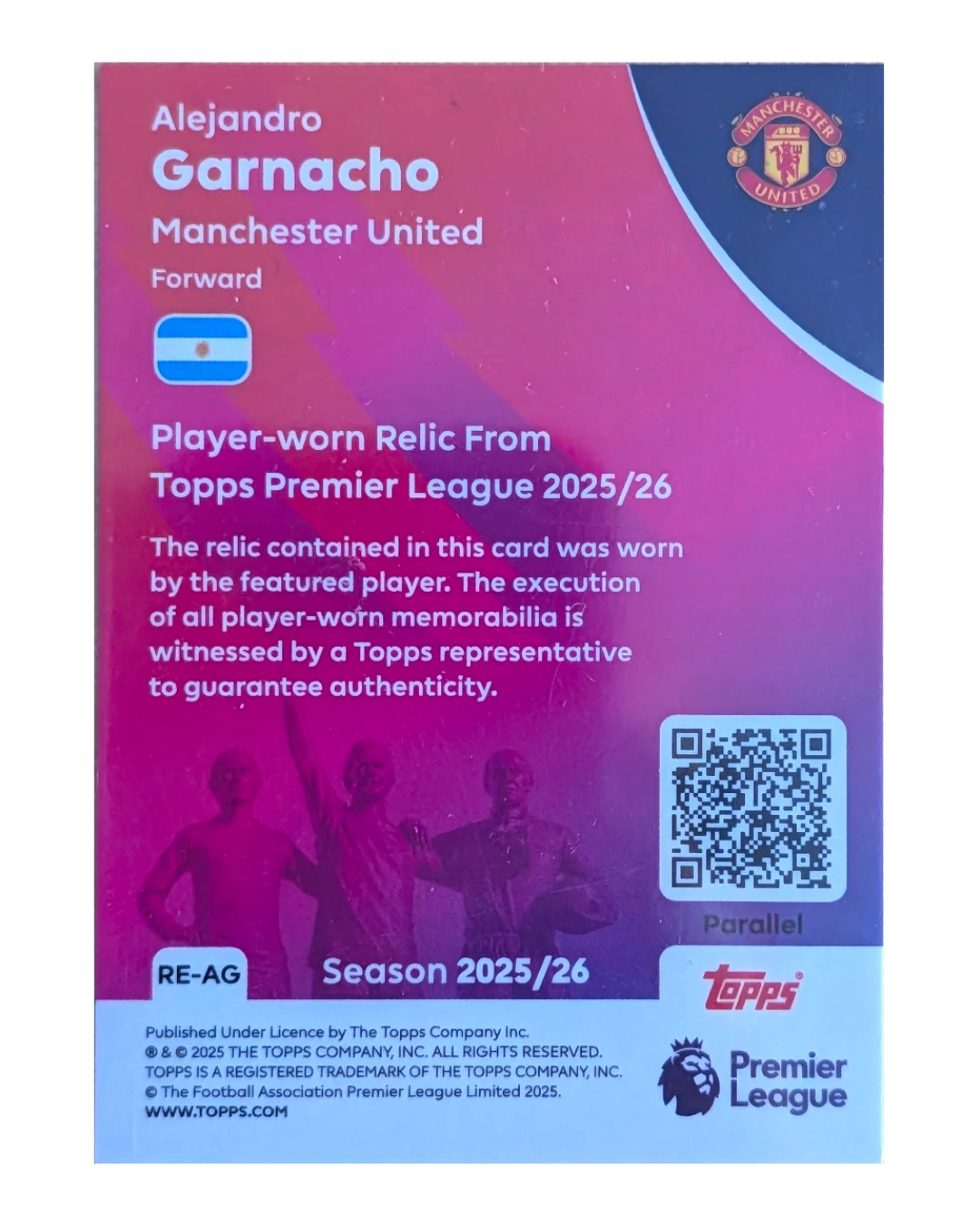 VaultifyUK Alejandro Garnacho Topps Premier League 2025/26 player-worn relic card back with authenticity details