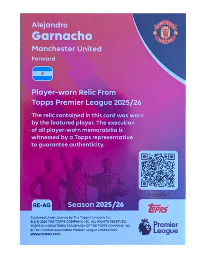 VaultifyUK Alejandro Garnacho Topps Premier League 2025/26 player-worn relic card back with authenticity details