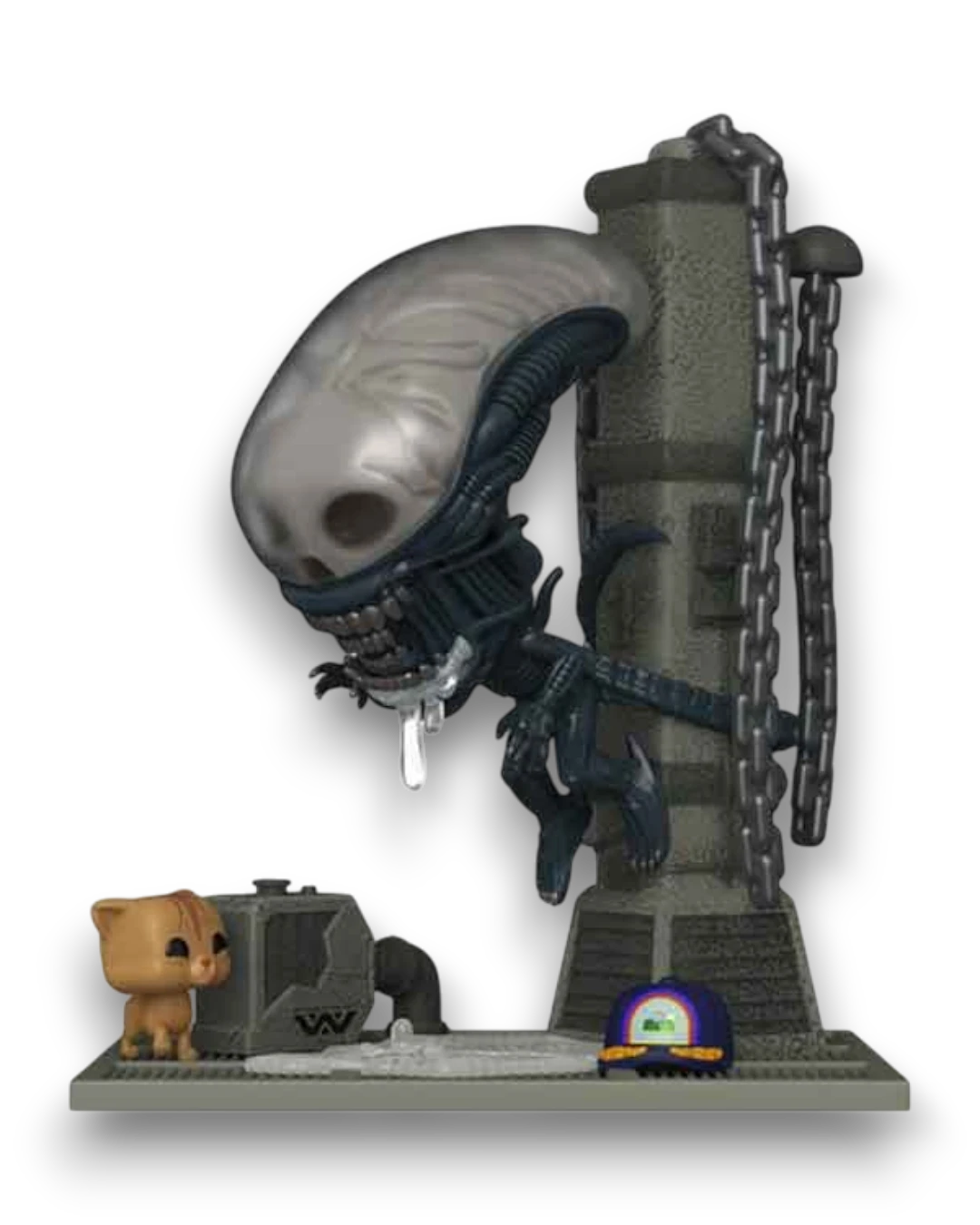 VaultifyUK Funko Pop! Deluxe Alien Xenomorph figure with Jonesy the cat in a detailed Nostromo scene display.