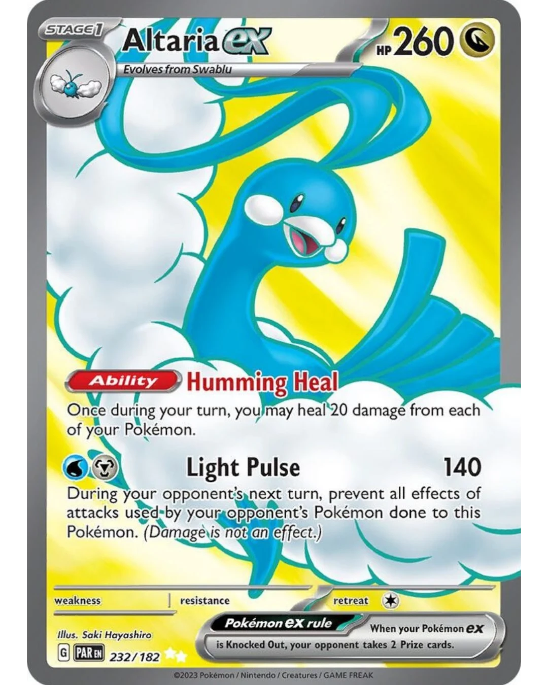 VaultifyUK Pokémon TCG Altaria ex 232/182 Paradox Rift Ultra Rare card featuring Saki Hayashiro's blue dragon artwork.