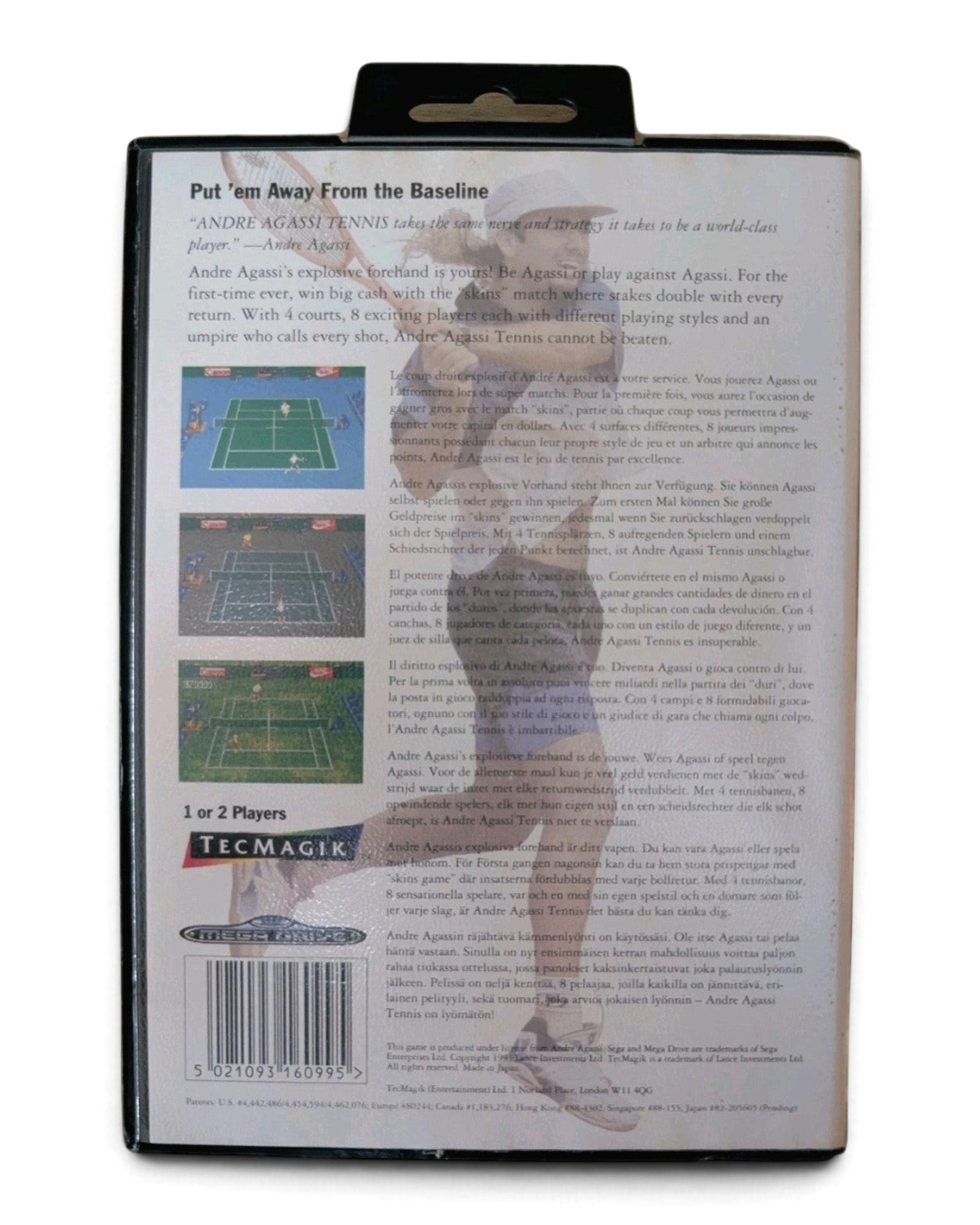 Back cover of Andre Agassi Tennis for Sega Mega Drive showing gameplay screenshots and description.