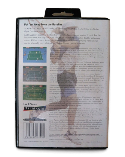 Back cover of Andre Agassi Tennis for Sega Mega Drive showing gameplay screenshots and description.