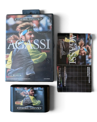 Andre Agassi Tennis Sega Mega Drive complete in box, showing the case, instruction manual, and cartridge.