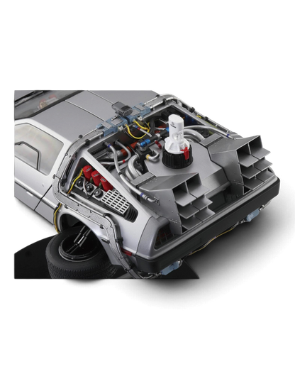 VaultifyUK Aoshima 1:24 scale DeLorean model kit showing detailed rear engine components and folded wheels for flight