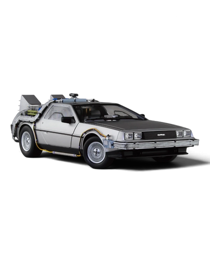 VaultifyUK Aoshima 1:24 scale Back to the Future DeLorean model kit with detailed silver exterior and gull-wing doors