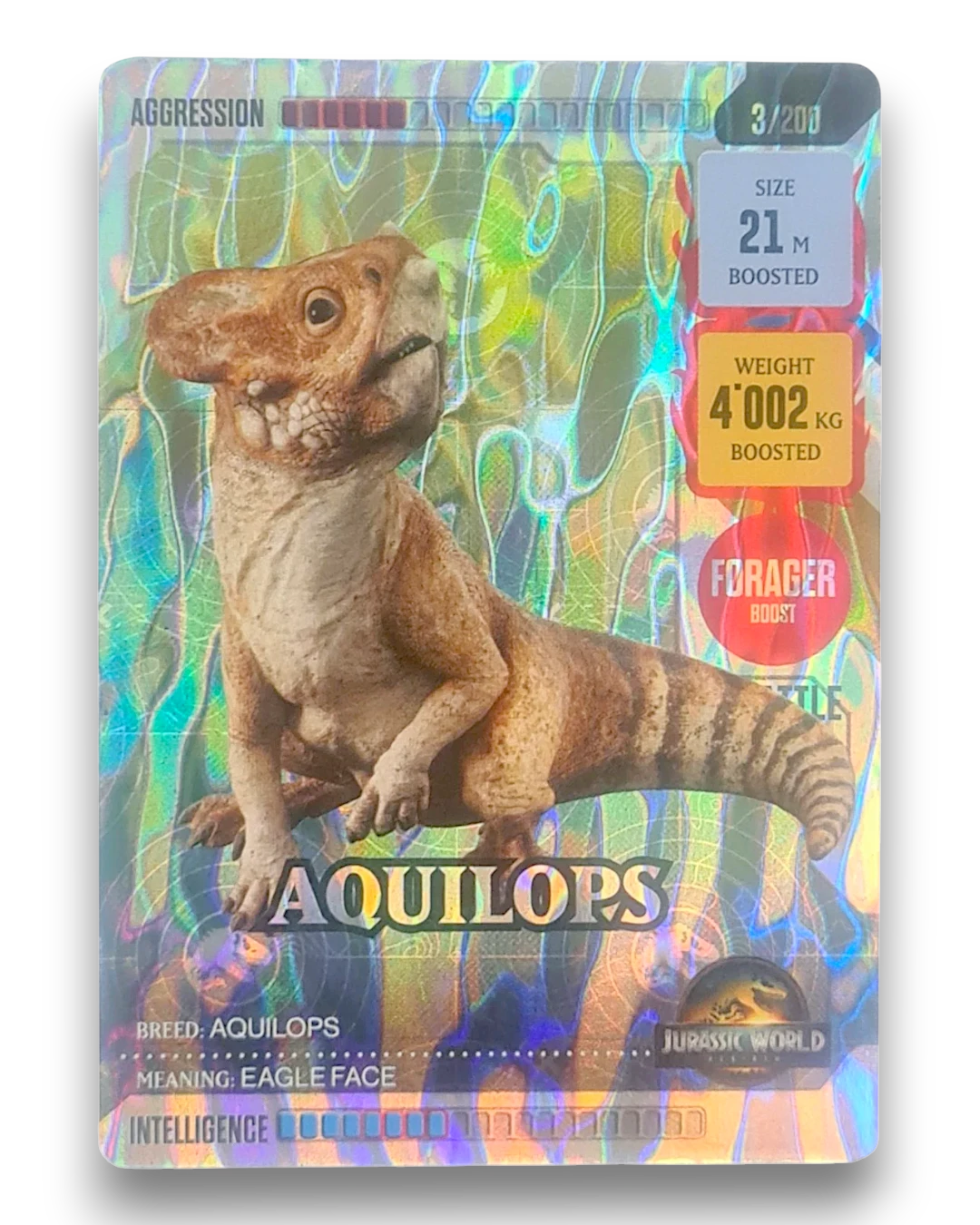 VaultifyUK Panini Jurassic World ROAR! Aquilops iridescent trading card featuring a brown dinosaur and game stats.