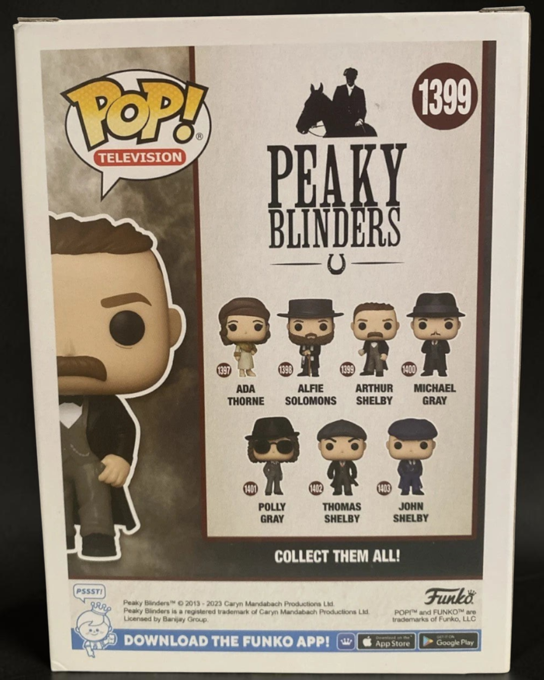 Back of VaultifyUK Peaky Blinders Funko Pop box showing Arthur Shelby 1399 and other collectible character figures