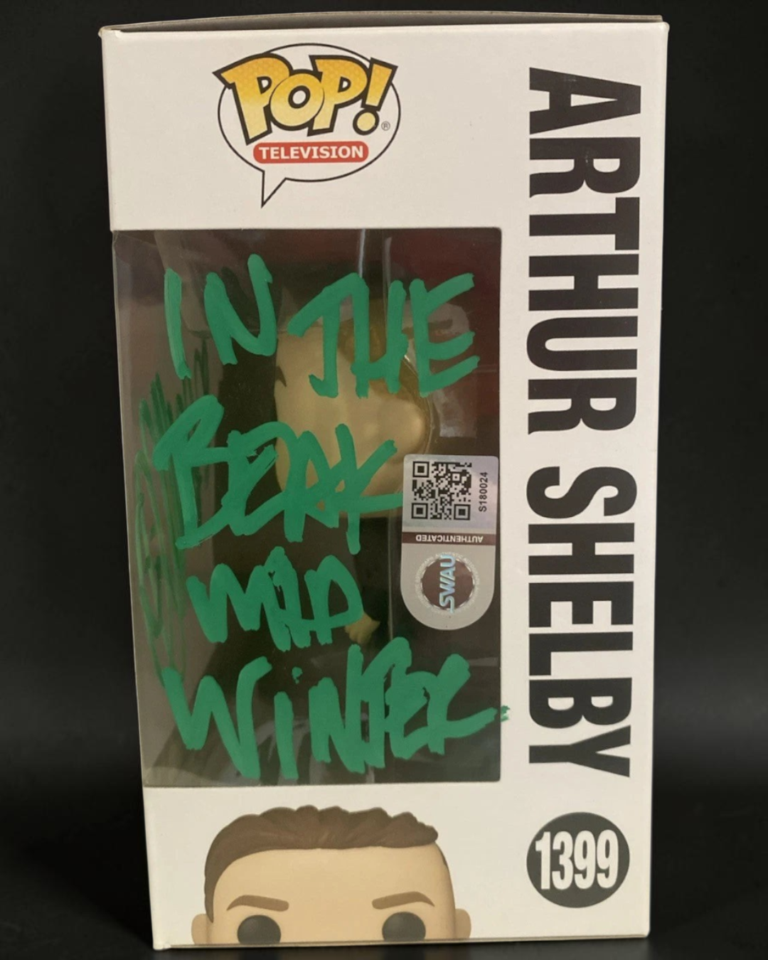 VaultifyUK signed Arthur Shelby Funko Pop with In the Bleak Midwinter inscription in green marker and SWAU sticker.