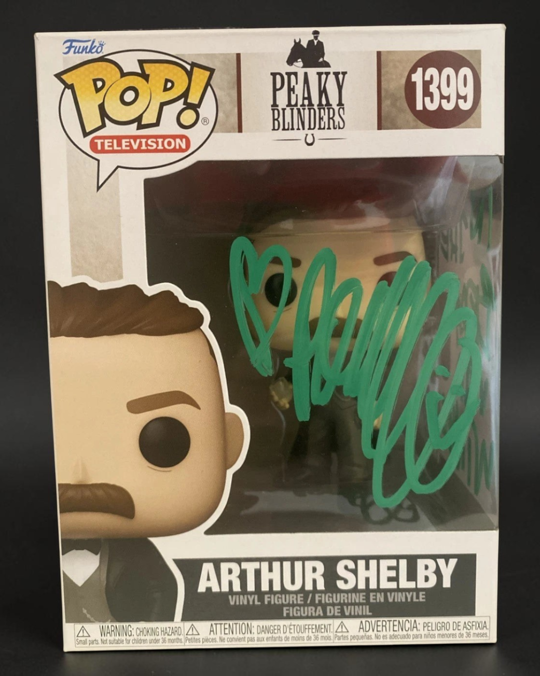 VaultifyUK signed Arthur Shelby Peaky Blinders Funko Pop with green marker autograph and inscription in display box