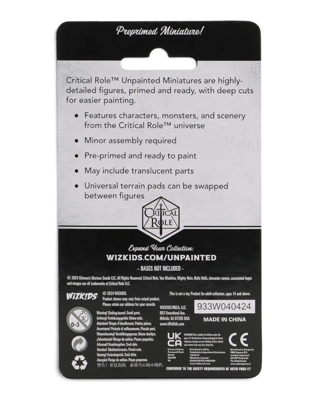 VaultifyUK Critical Role Ashton Greymoore unpainted miniature packaging back with product information and warnings