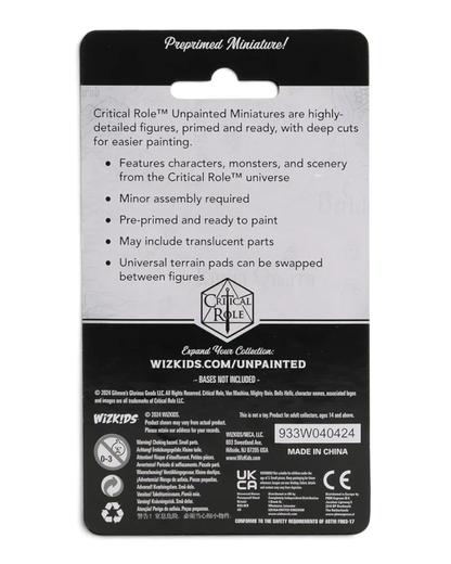 VaultifyUK Critical Role Ashton Greymoore unpainted miniature packaging back with product information and warnings