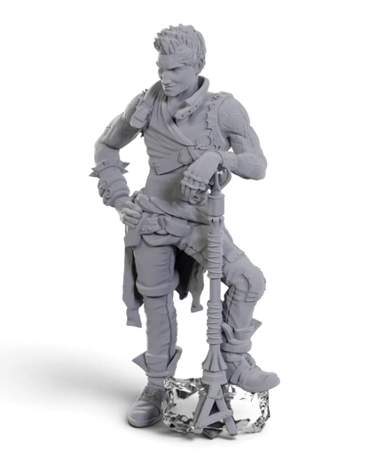 VaultifyUK unpainted Ashton Greymoore earth genasi barbarian miniature with detailed sculpted features and hammer
