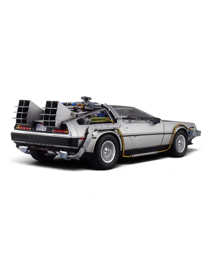 VaultifyUK 1:24 scale Aoshima Back to the Future DeLorean model kit showing rear view with gull-wing doors and details.