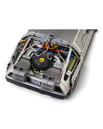 VaultifyUK 1:24 scale Back to the Future DeLorean model kit showing detailed rear engine and OUTATIME license plate