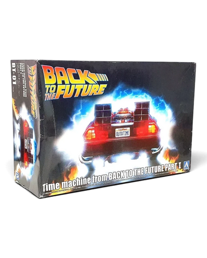 VaultifyUK Aoshima Back to the Future DeLorean 1:24 scale model kit box showing the time machine with flame effects