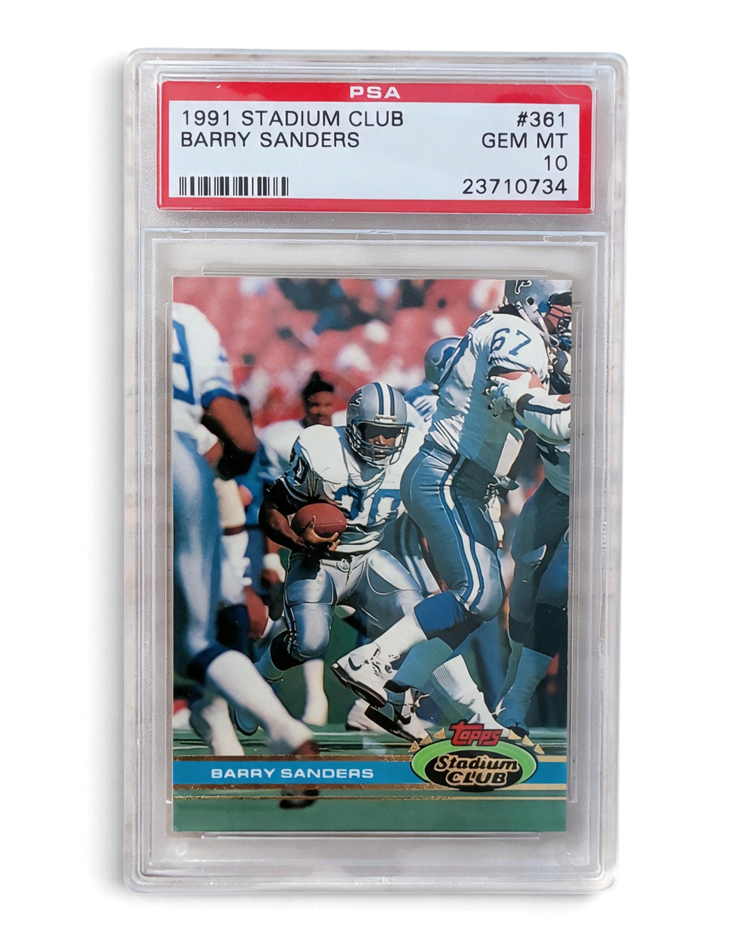 VaultifyUK PSA 10 graded 1991 Stadium Club Barry Sanders Detroit Lions football card #361 in a protective slab.
