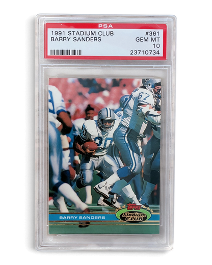 VaultifyUK PSA 10 graded 1991 Stadium Club Barry Sanders Detroit Lions football card #361 in a protective slab.