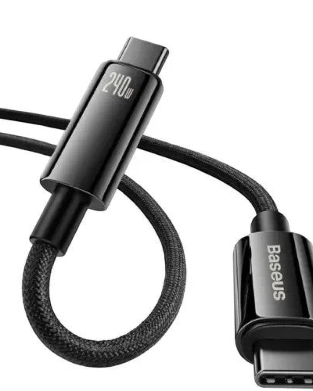 VaultifyUK Baseus Tungsten Gold black braided USB-C to USB-C 240W fast charging cable with reinforced connectors