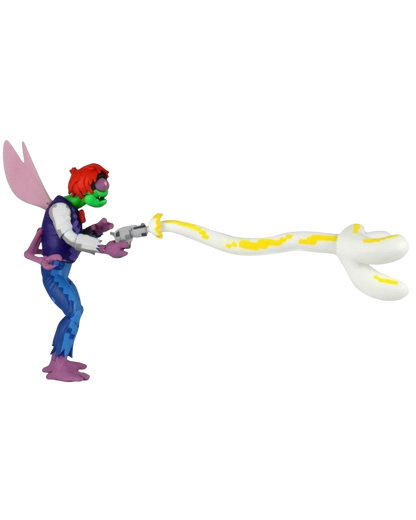 VaultifyUK NECA Baxter Stockman action figure from Turtles in Time firing a laser blast with pixel-art style deco