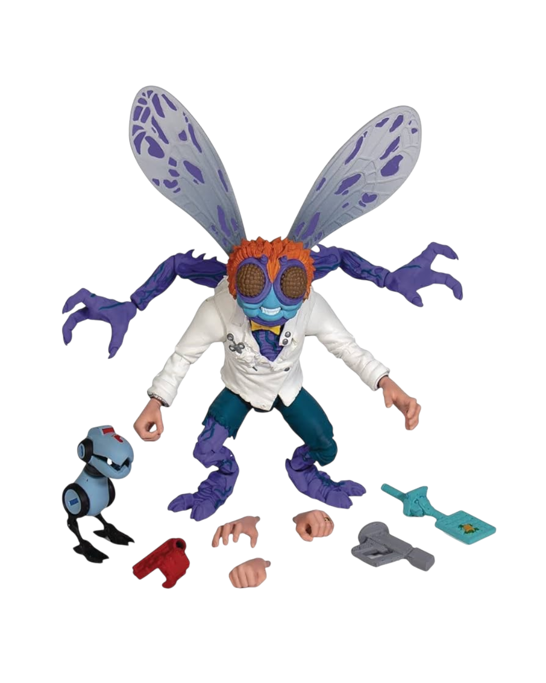 VaultifyUK NECA Turtles in Time Baxter Stockman 7-inch action figure with wings, accessories, and pixel-art deco.