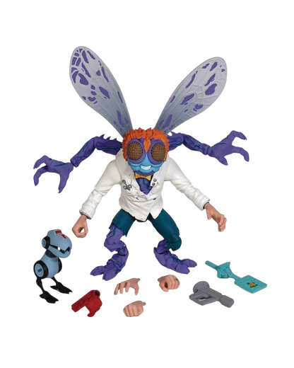 VaultifyUK NECA Turtles in Time Baxter Stockman 7-inch action figure with wings, accessories, and pixel-art deco.