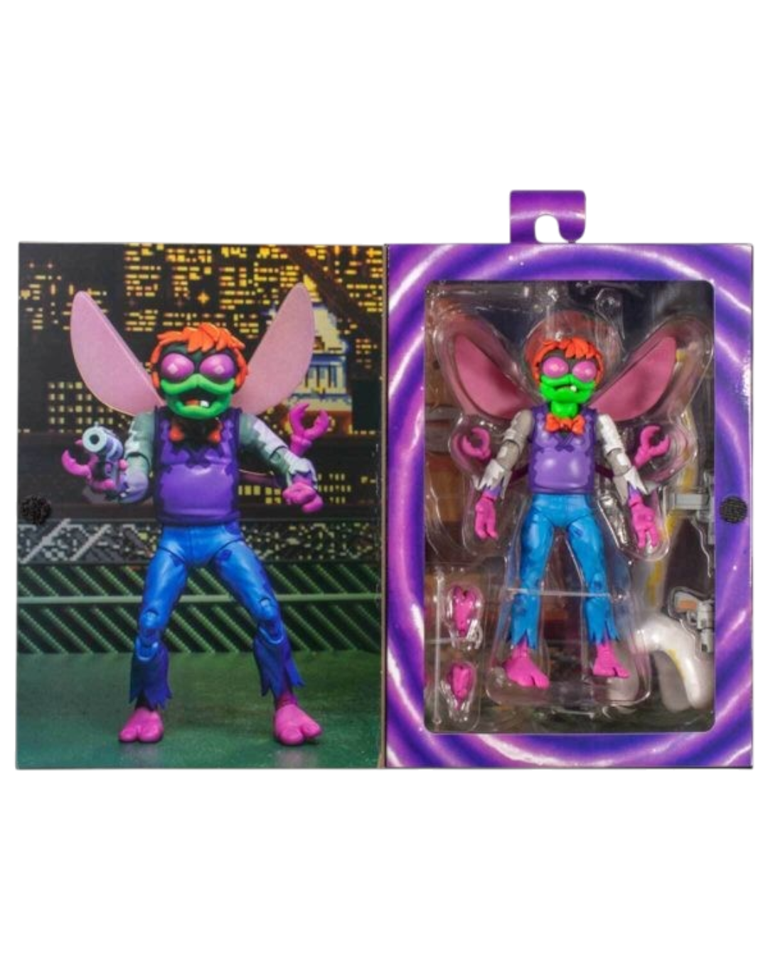 VaultifyUK NECA Turtles in Time Baxter Stockman 7-inch action figure with pixel-art deco and arcade accessories.
