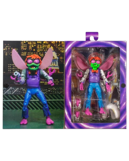 VaultifyUK NECA Turtles in Time Baxter Stockman 7-inch action figure with pixel-art deco and arcade accessories.