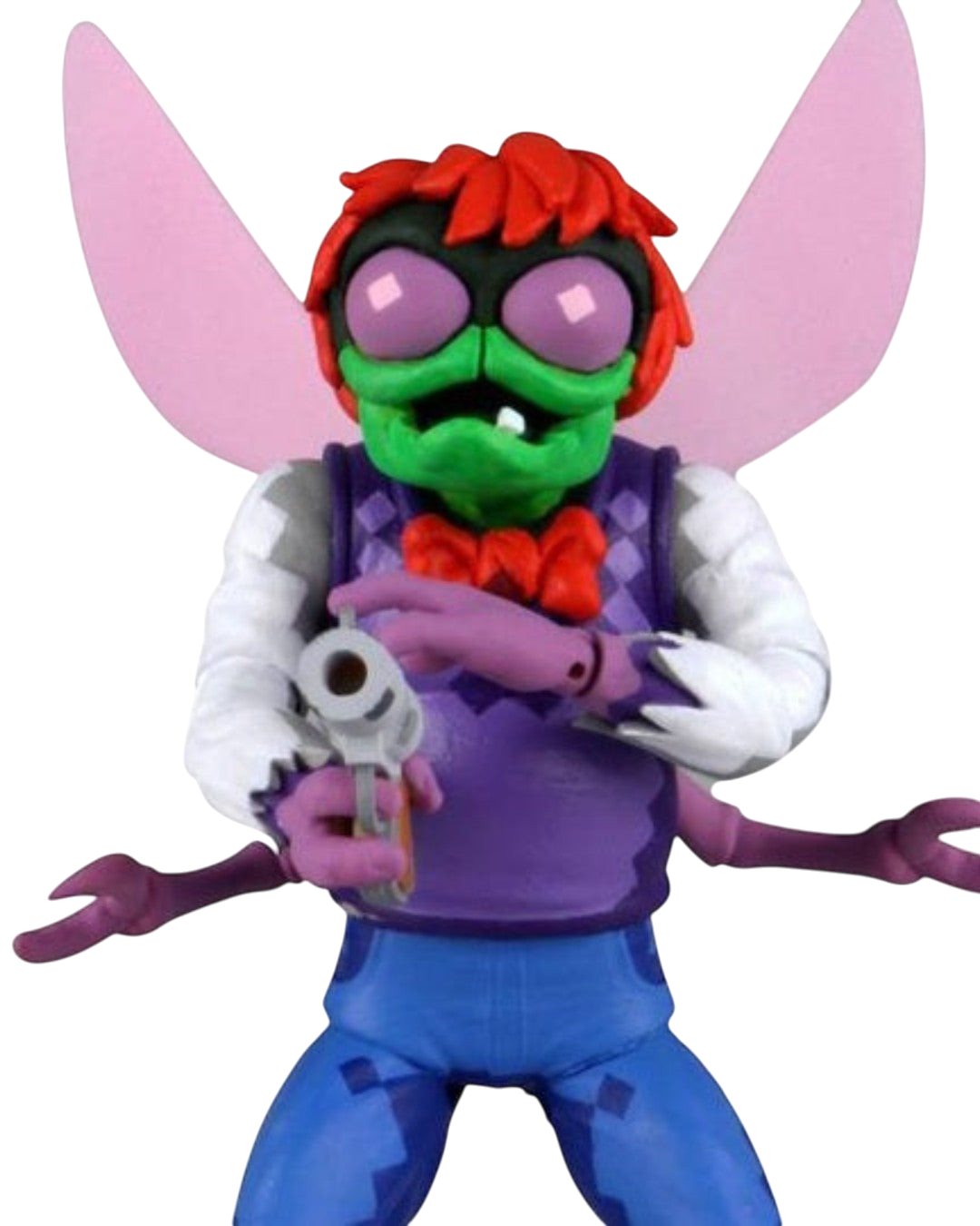 VaultifyUK NECA Turtles in Time Baxter Stockman 7-inch action figure with pixel-inspired arcade deco and accessories.