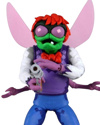 VaultifyUK NECA Turtles in Time Baxter Stockman 7-inch action figure with pixel-inspired arcade deco and accessories.