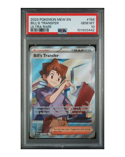 VaultifyUK PSA 10 graded Bill's Transfer full-art trainer card from the Pokémon 151 set featuring Bill at a computer.