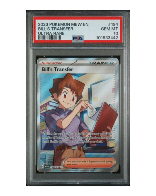 VaultifyUK PSA 10 graded Bill's Transfer full-art trainer card from the Pokémon 151 set featuring Bill at a computer.