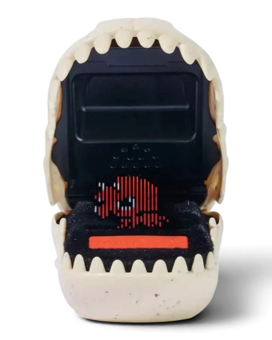 VaultifyUK Bitzee Jurassic World digital pet with an open dinosaur mouth revealing a pixelated red dinosaur display