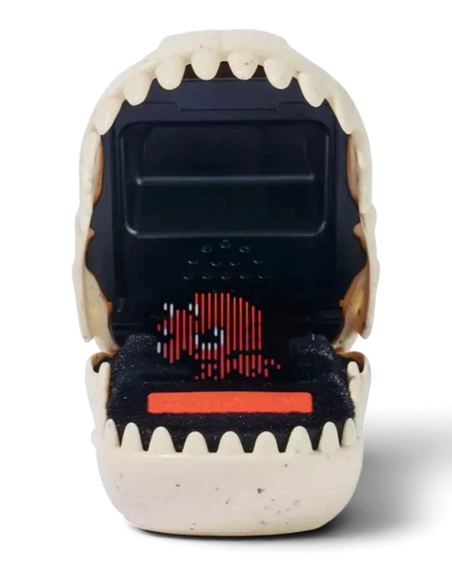 VaultifyUK Bitzee Jurassic World digital pet with an open dinosaur mouth revealing a pixelated red dinosaur display