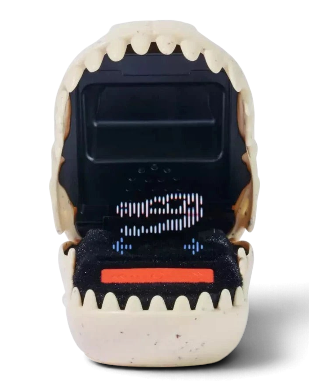 VaultifyUK Bitzee Jurassic World interactive digital pet toy with an open dinosaur mouth and pixelated screen display