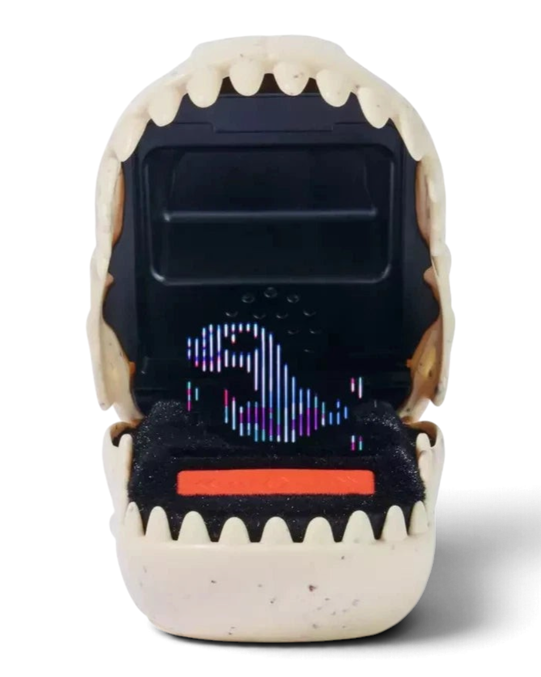 VaultifyUK Bitzee Jurassic World digital pet toy with an open dinosaur mouth revealing a pixelated animated dinosaur
