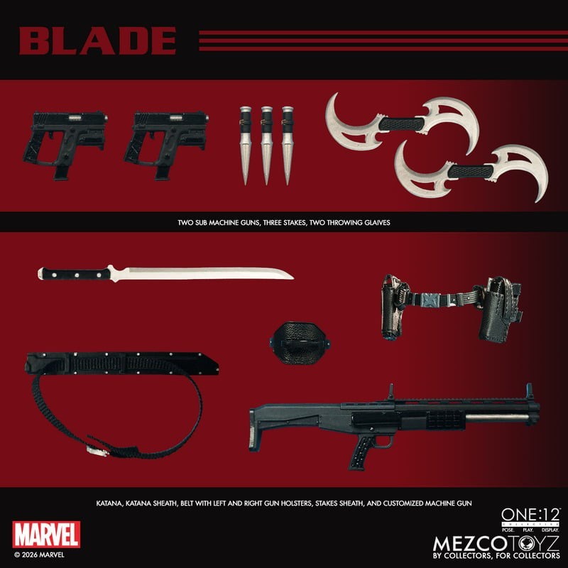 VaultifyUK Mezco One:12 Collective Blade Midnight Sons action figure weapon and accessory set on red background