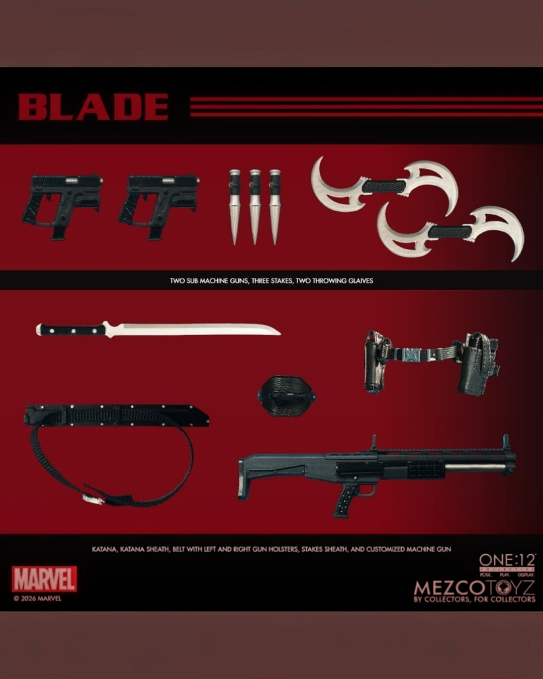 VaultifyUK Mezco One:12 Collective Blade Midnight Sons action figure weapons and accessories set on red background