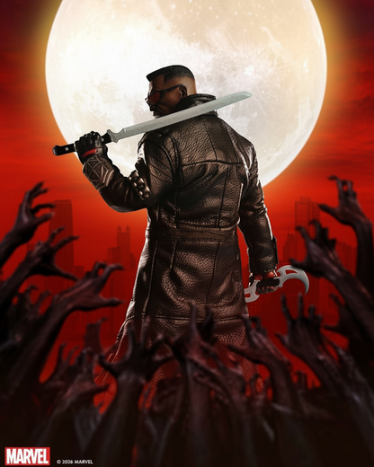 VaultifyUK Mezco One:12 Collective Blade action figure in a textured leather trench coat holding swords against a moon