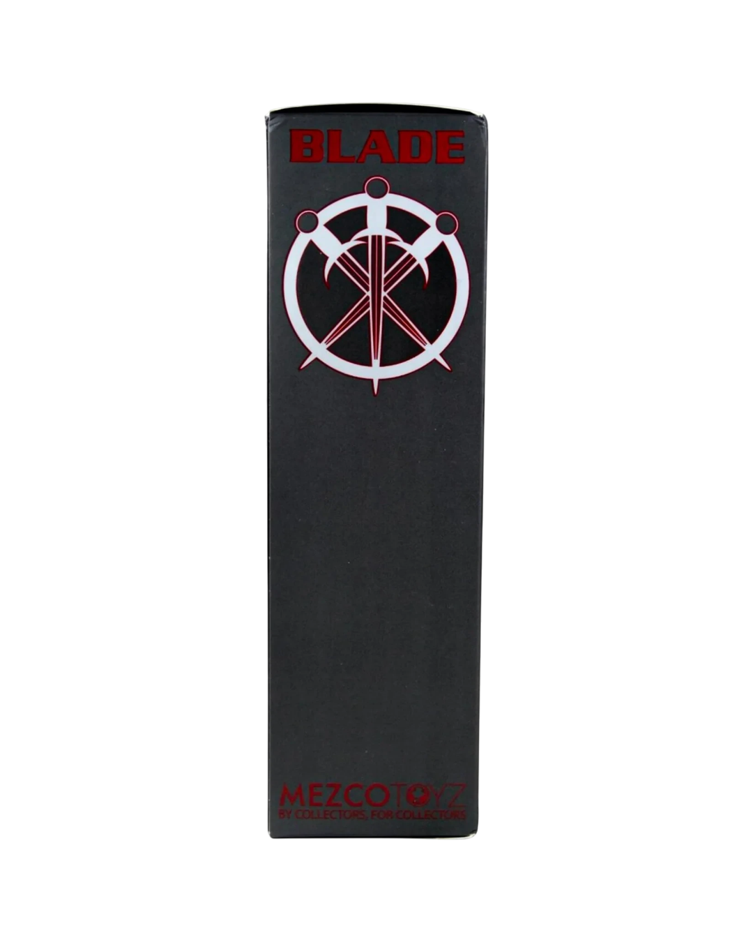 VaultifyUK Mezco Marvel Blade Midnight Sons action figure packaging side panel with logo and sword emblem