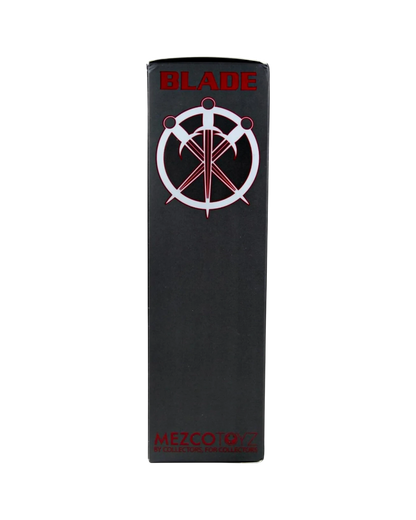 VaultifyUK Mezco Marvel Blade Midnight Sons action figure packaging side panel with logo and sword emblem