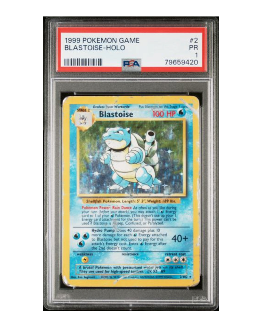 VaultifyUK 1999 Base Set Blastoise holographic Pokémon card graded PSA 1 in a protective plastic slab