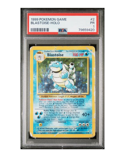 VaultifyUK 1999 Base Set Blastoise holographic Pokémon card graded PSA 1 in a protective plastic slab
